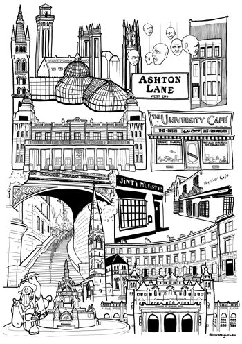 Glasgow West End Landmark Skyline Illustration Print - Impression encadrée A4 2
