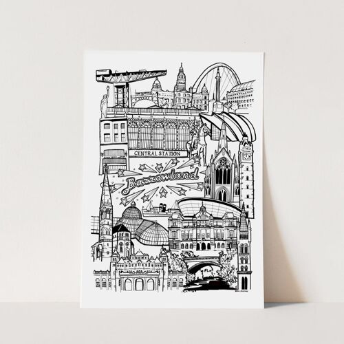 Glasgow Landmark Skyline Illustration Print - A3 29.7 x 42