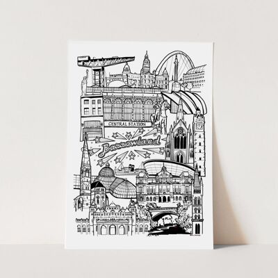 Stampa dell'illustrazione dello skyline di Glasgow Landmark - A3 29,7 x 42