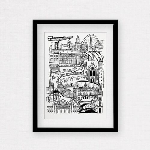Glasgow Landmark Skyline Illustration Print - A4 Framed Print