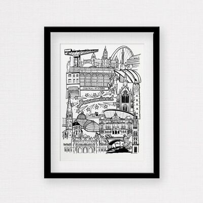 Glasgow Landmark Skyline Illustration Print - A4 Framed Print