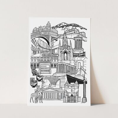 Edinburgh Wahrzeichen Skyline Illustrationsdruck – A4 21 cm x 29,7 cm