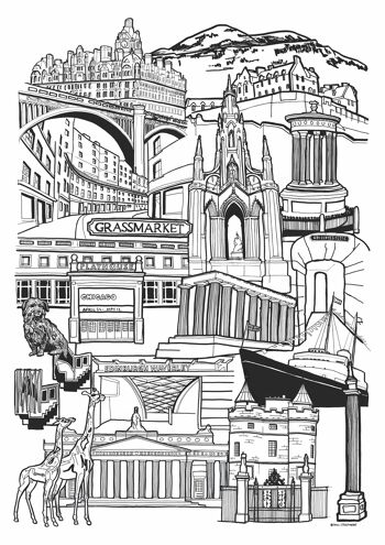 Édimbourg Landmark Skyline Illustration Print - A4 21 cm x 29,7 cm 2