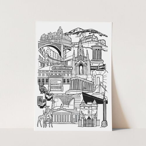 Edinburgh Landmark Skyline Illustration Print - A1 59.4cm x 84.1cm