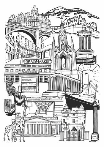 Edimbourg Landmark Skyline Illustration Print - Impression encadrée A4 2