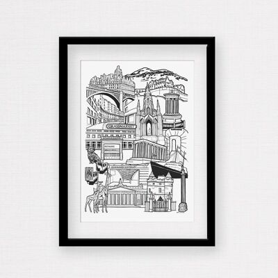 Edinburgh Wahrzeichen Skyline Illustrationsdruck – gerahmter A3-Druck