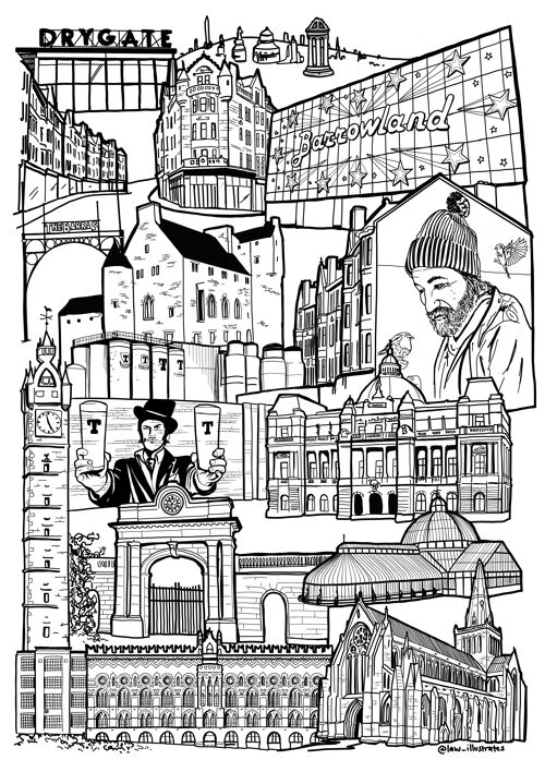 Glasgow East End Landmark Illustration Print - A4 Framed Print
