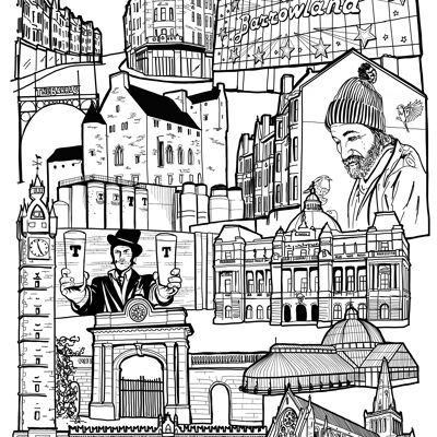 Glasgow East End Landmark Illustration Print – A4 gerahmter Druck