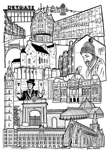 Glasgow East End Landmark Illustration Print - Impression encadrée A3