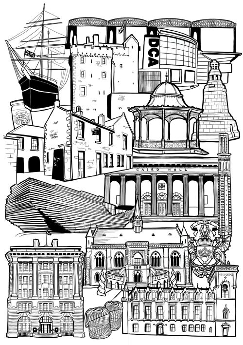 Dundee Landmark Skyline Illustration Print - A4 21cm x 29.7cm