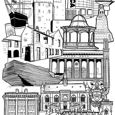 Stampa dell'illustrazione dello skyline di Dundee Landmark - A4 21 cm x 29,7 cm