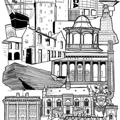 Dundee Landmark Skyline Illustration Print - A3 29.7cm x 42cm
