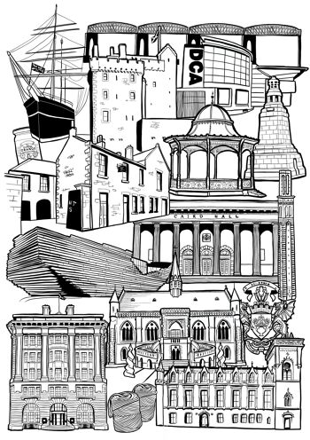 Dundee Landmark Skyline Illustration Print - A2 49 cm x 59,4 cm 1