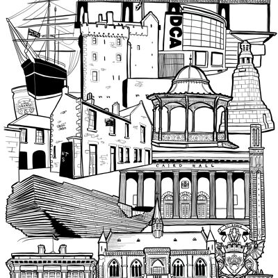 Dundee Landmark Skyline Illustration Print - A1 59.4cm x 84.1cm