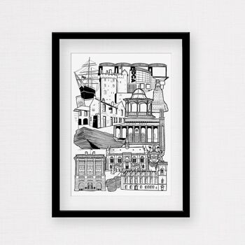 Dundee Landmark Skyline Illustration Print - Impression encadrée A3 1