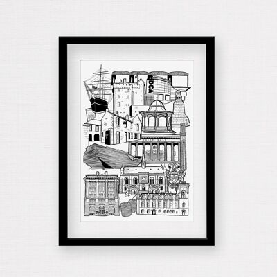 Dundee Landmark Skyline Illustration Print - A3 Framed Print