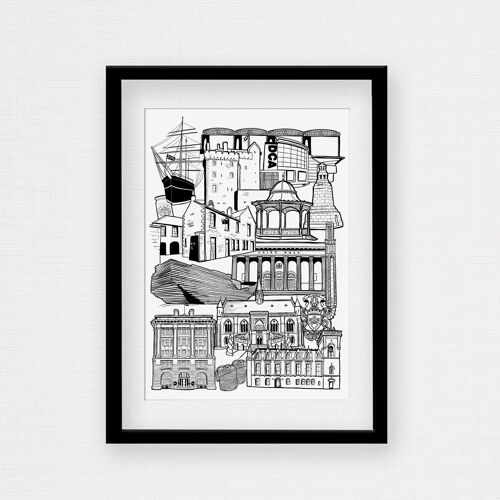 Dundee Landmark Skyline Illustration Print - A4 Framed Print