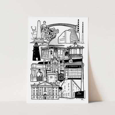 Dublin Wahrzeichen Skyline Illustrationsdruck – A4 21 cm x 29,7 cm