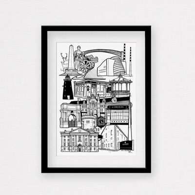 Dublin Landmark Skyline Illustration Print - Impression encadrée A4