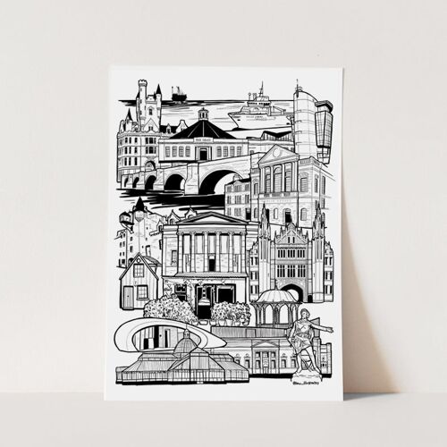 Aberdeen Landmark Skyline Illustration Print - A4 21cm x 29.7cm