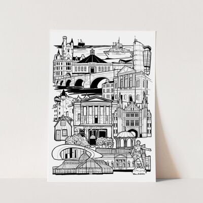 Aberdeen Wahrzeichen Skyline Illustrationsdruck – A4 21 cm x 29,7 cm