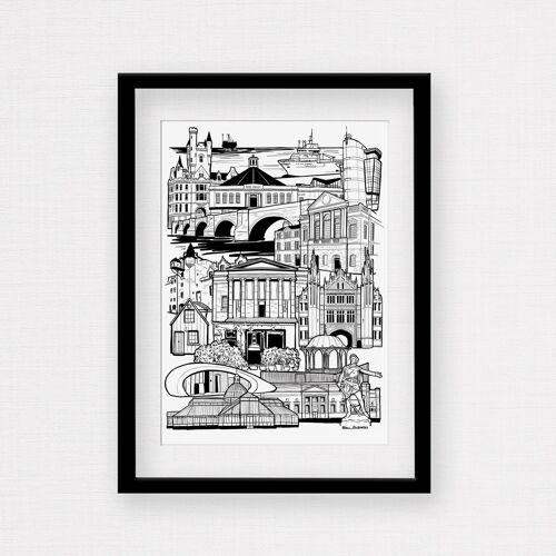 Aberdeen Landmark Skyline Illustration Print - A3 Framed Print