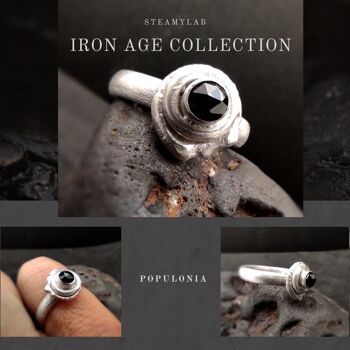 Collection de pierres de fer, bague Populonia, texture inspirée de la nature, bague inspirée des étrusques, pierre de spinelle à facettes noires 2