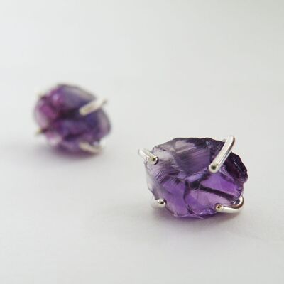 February Birthstone Earrings, Raw Amethyst Stud Earrings Sterling Silver Earrings Gemstone Jewelry by SteamyLab