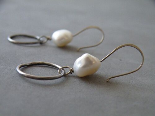 Fresh Water Pearls Dangle Earrings Oxidized Sterling Silver Hoops, June Birthstone Earrings
