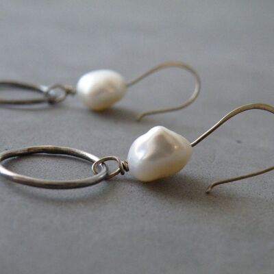 Fresh Water Pearls Dangle Earrings Oxidized Sterling Silver Hoops, June Birthstone Earrings