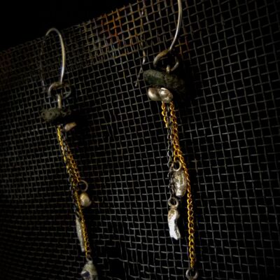 Iron Stone Collection, Iron Dangle Earrings, Natural Element Jewelry, Raw Iron Stone, Gold Filled Chain, Etruscan Inspired Earrings