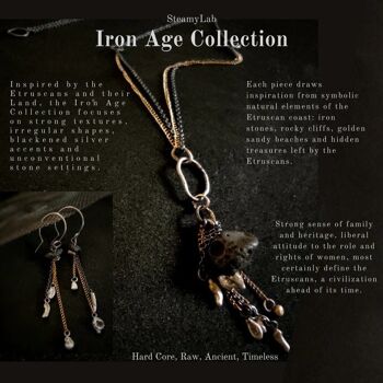 Collection de pierres de fer, boucles d'oreilles pendantes en fer, bijoux d'éléments naturels, pierre de fer brute, chaîne remplie d'or, boucles d'oreilles d'inspiration étrusque 2