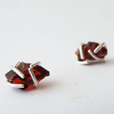 Raw Garnet Earrings Stone Stud Earrings Sterling Silver Zen Jewelry by SteamyLab