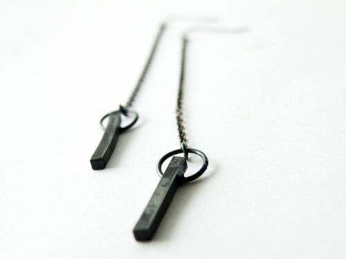 Long Black Oxidized Sterling Silver Dangle Earrings, Modern Long Squared Earrings, Women Gift Ideas