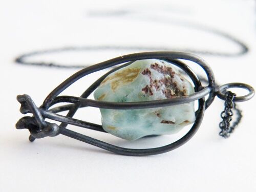 Raw Larimar Cage Pendant Necklace Black Oxidized Sterling Silver Gemstone Necklace by SteamyLab