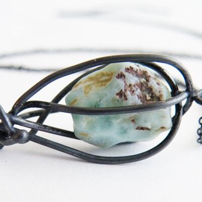 Raw Larimar Cage Pendant Necklace Black Oxidized Sterling Silver Gemstone Necklace by SteamyLab