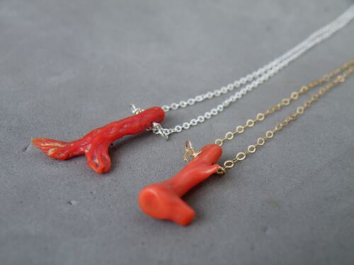 Branches Tree Raw Coral Necklace, Genuine Coral Raw, Uneven Shape Coral, Sterling Silver, 9ct Solid Gold