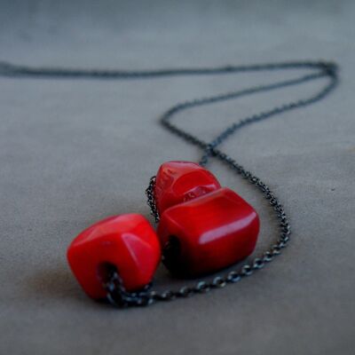 Collection Sicilia, Limited Edition, Oxidized Silver Red Coral Necklace, Sliding Coral, Many Stiles Necklace, Versatile Necklace