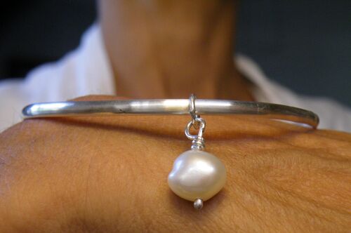 Sterling Silver 2.5mm Bangle With Pearl Charm, Hardwear Stacking Pearl Bracelet, Gift for Women, June Birthstone Handmade by SteamyLab