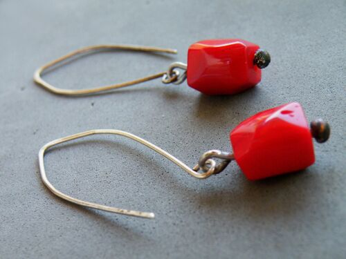 Collection Sicilia, Limited Edition, Oxidized Sterling Silver Red Coral Dangle Earrings by SteamyLab
