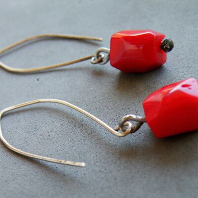 Collection Sicilia, Limited Edition, Oxidized Sterling Silver Red Coral Dangle Earrings by SteamyLab