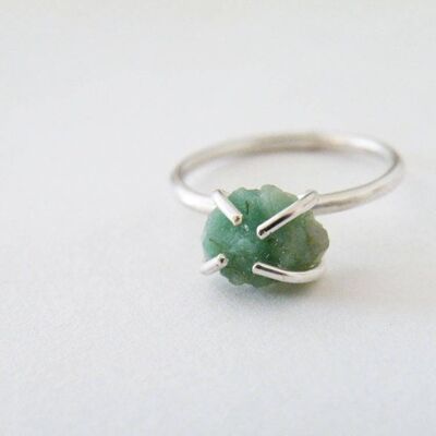 Raw Green Emerald Ring, May Birthstone Ring, Women Stone Rings