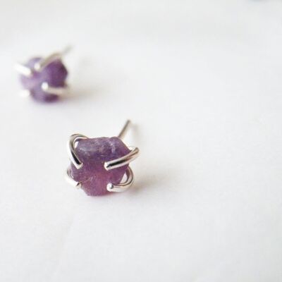 Rough Purple Ruby Stud Earrings, July Birthstone Sterling Silver Earrings,  Women Gifts