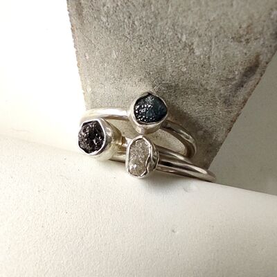 White-Green-Black Raw Diamond Solitaire Ring, Unconventional Engagement Ring, Conflict Free African Diamonds, April Bithstone