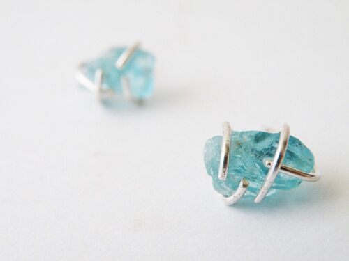 Rough Seas Blue Apatite Nuggets Earrings, Aqua Stone Stud Earrings for Her, Women Jewelry Ideas