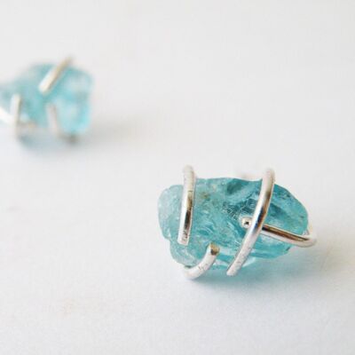 Rough Seas Blue Apatite Nuggets Earrings, Aqua Stone Stud Earrings for Her, Women Jewelry Ideas