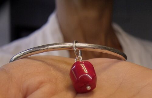 Sterling Silver 2.5mm Bangle With Red Coral Charm, Hardwear Stacking Coral Bracelet, Gift for Women, Handmade by SteamyLab