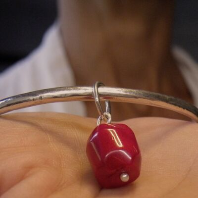 Sterling Silver 2.5mm Bangle With Red Coral Charm, Hardwear Stacking Coral Bracelet, Gift for Women, Handmade by SteamyLab