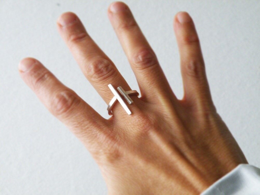 Anello da donna in argento sterling regolabile con barre parallele, idee regalo per anello aperto moderno minimal tagliente per lei