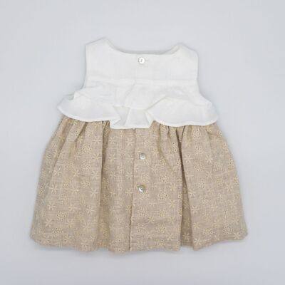 VESTIDO CUERPO LINO BLANCO Y FALDA LINO NATURAL BORDADO3 Meses